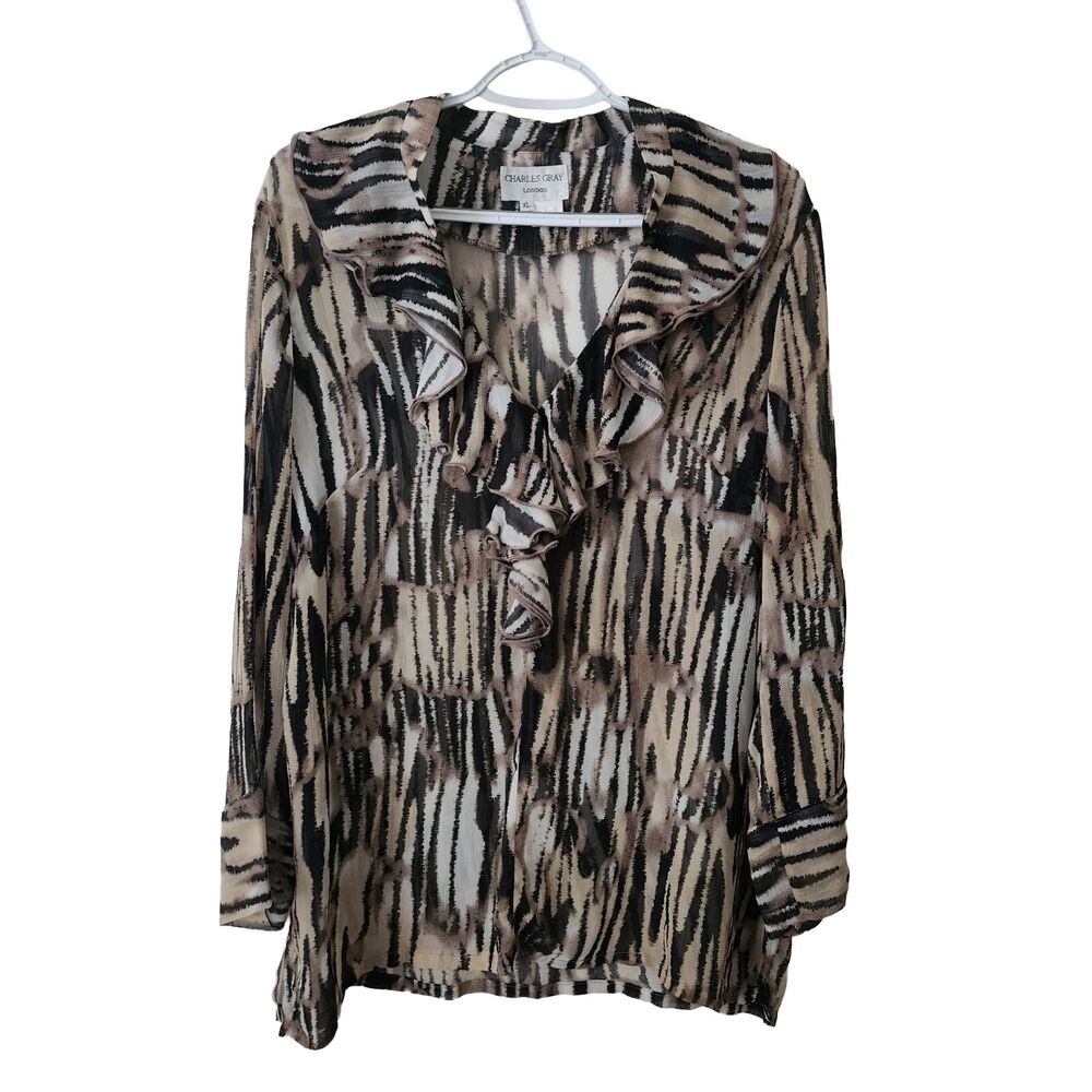 Charles Gray London Sheer Animal Print Tunic Blouse Beige Brown Long Sleeve XL